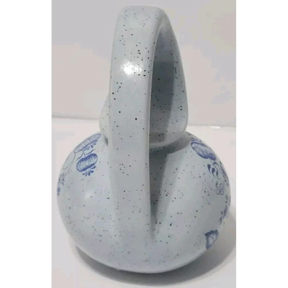 Unusual Pitcher Creamer Honey Pot Blue Speckled W Pumpkins Flowers Marked MPS 6